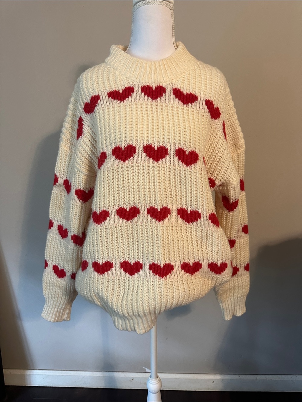 Cream Knit Heart-Pattern Sweater with Red Accents